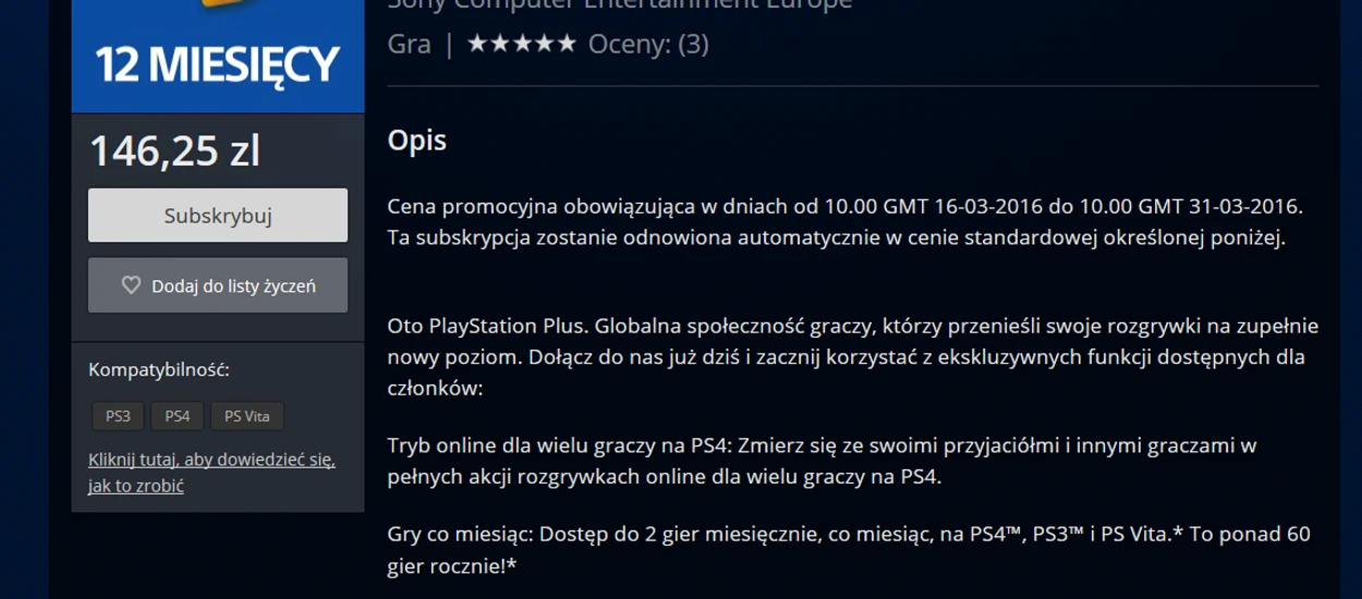 Fajna promocja - rok PlayStation Plus za 146,25 zł