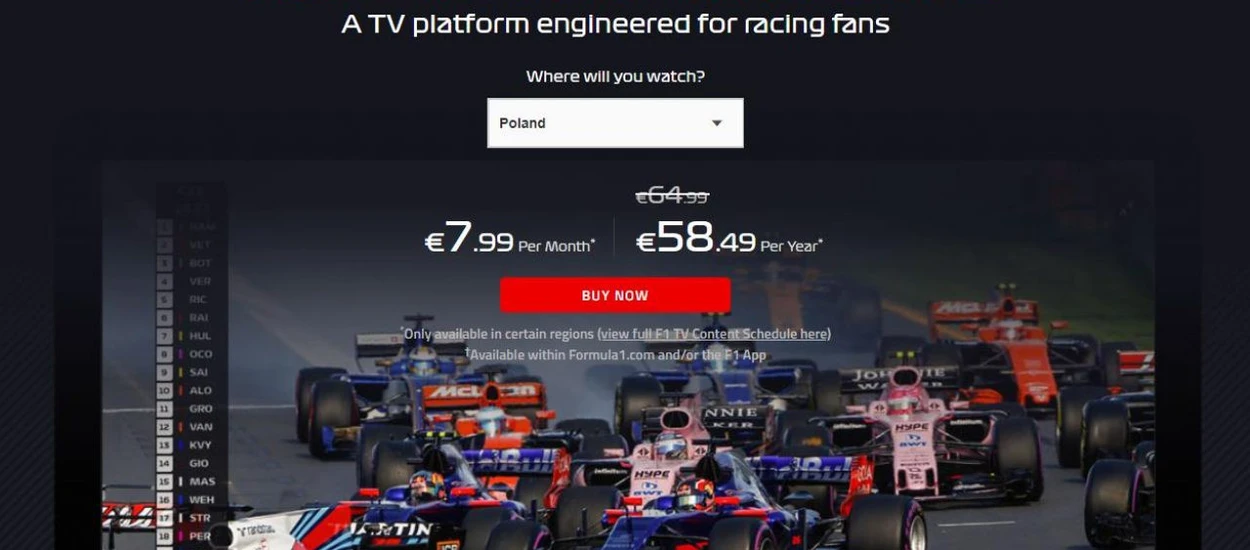 F1 TV Pro dostępna w Polsce - spełnienie marzeń każdego kibica