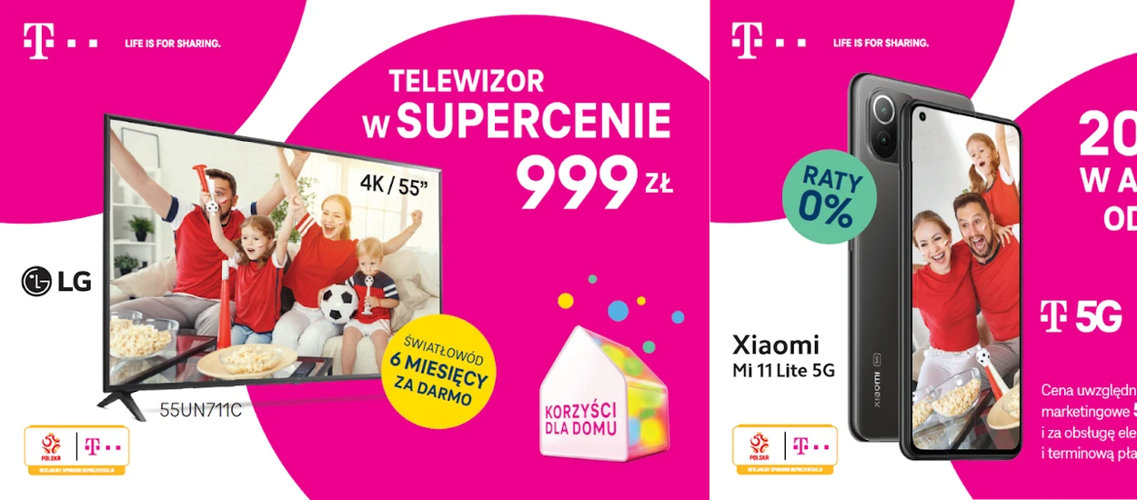 Mistrzowska oferta od T-Mobile – smartfony z 200 GB transferu, telewizor 4K za niecały tysiąc zł lub pół roku światłowodów za darmo