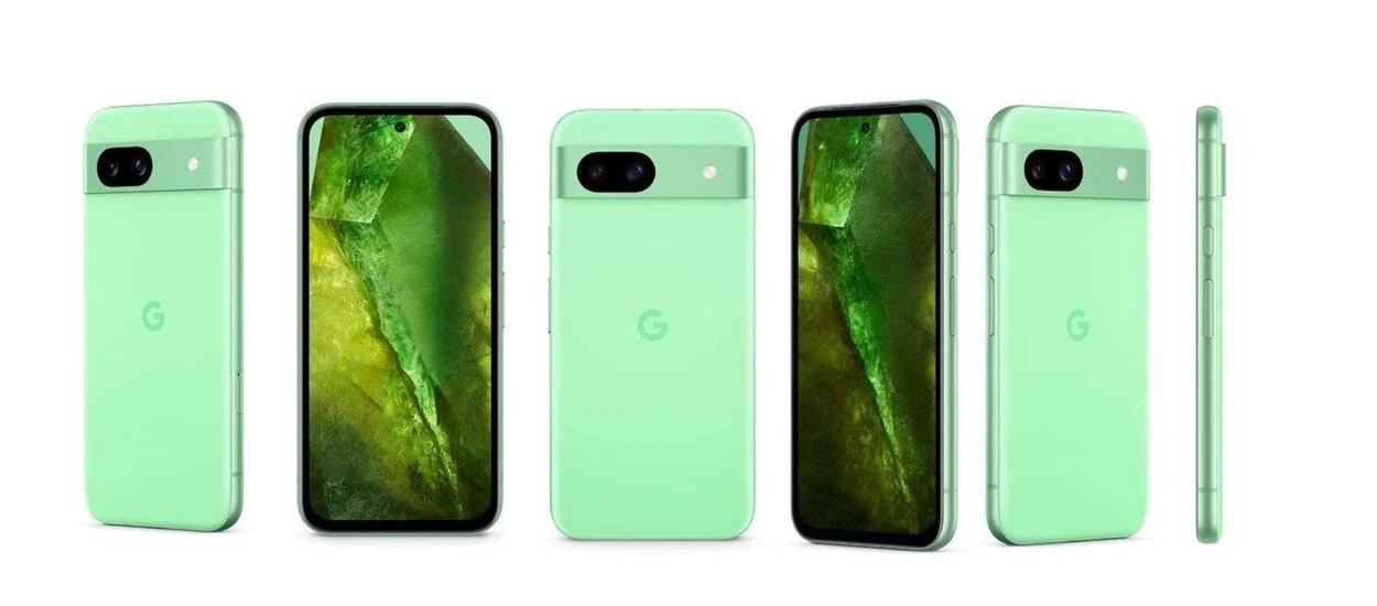 Pixel 8a w czterech kolorach i z grubymi ramkami wokół ekranu